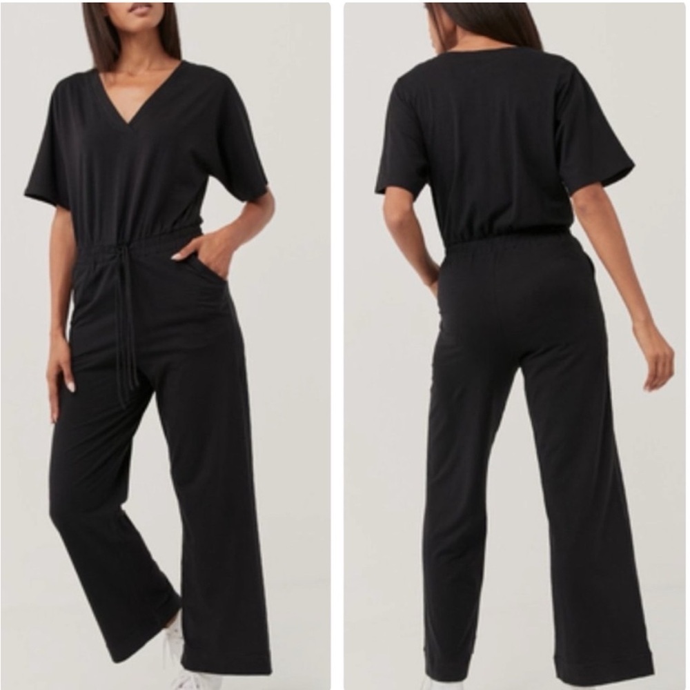 Pact Charlie Jumpsuit in Black‎ Minimalist Preppy Organic Boho Comfy - Picture 2 of 10